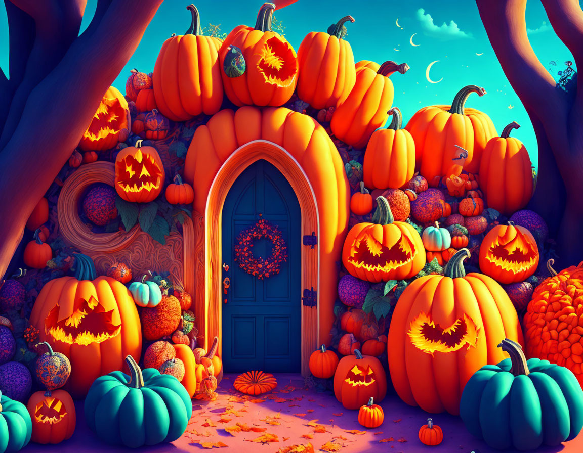 Illustration of Halloween-themed door with carved pumpkins under twilight sky