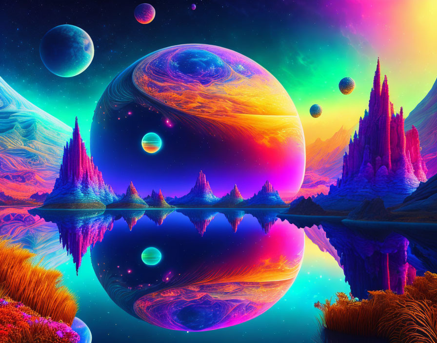 Colorful Fantasy Landscape with Spiky Mountains and Planetary Sky