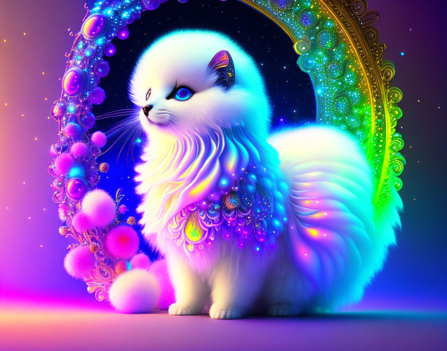 Fluffy white cat with luminous fur and fantasy elements