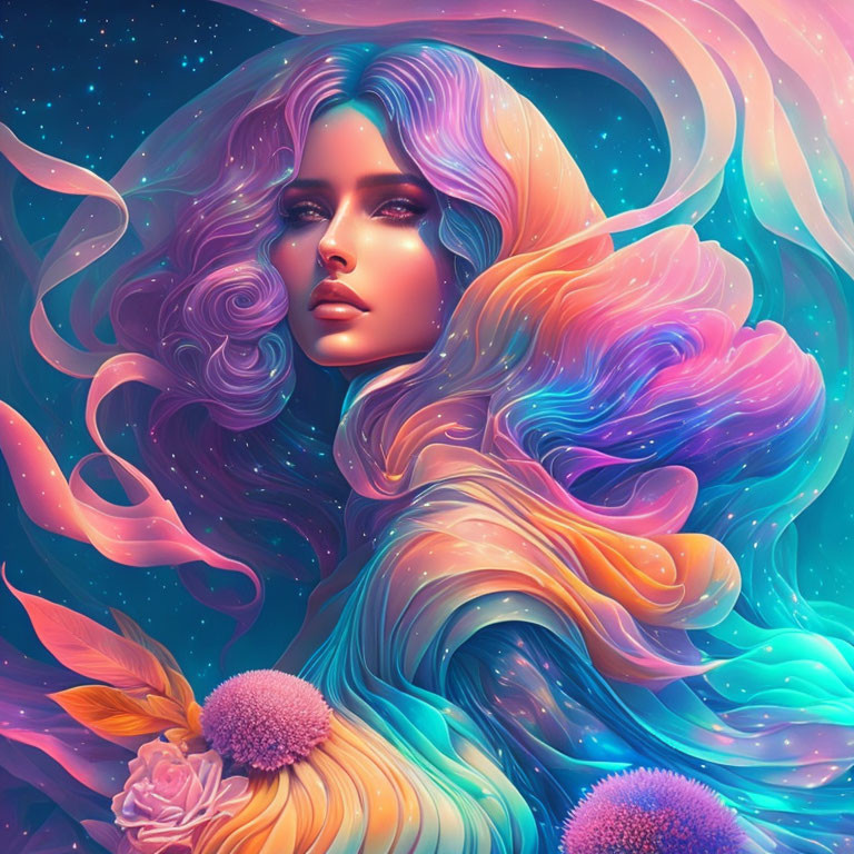 Colorful Woman Illustration with Cosmic Background and Celestial Motifs