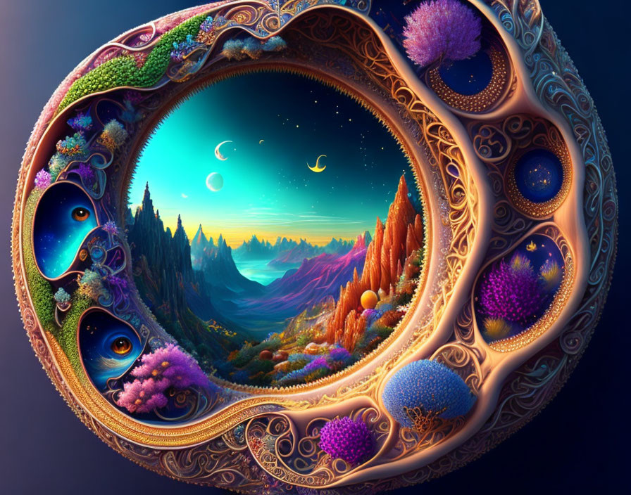 Colorful surreal landscape with mountains and flora in circular frame