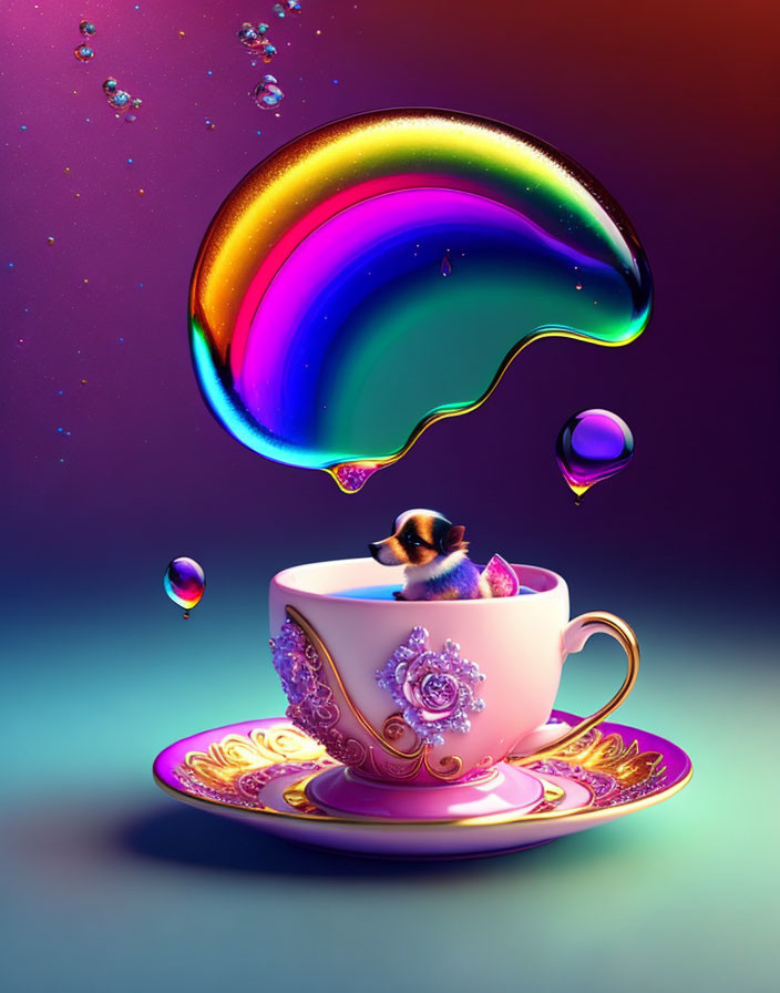 Colorful Dog in Teacup with Rainbow on Gradient Background