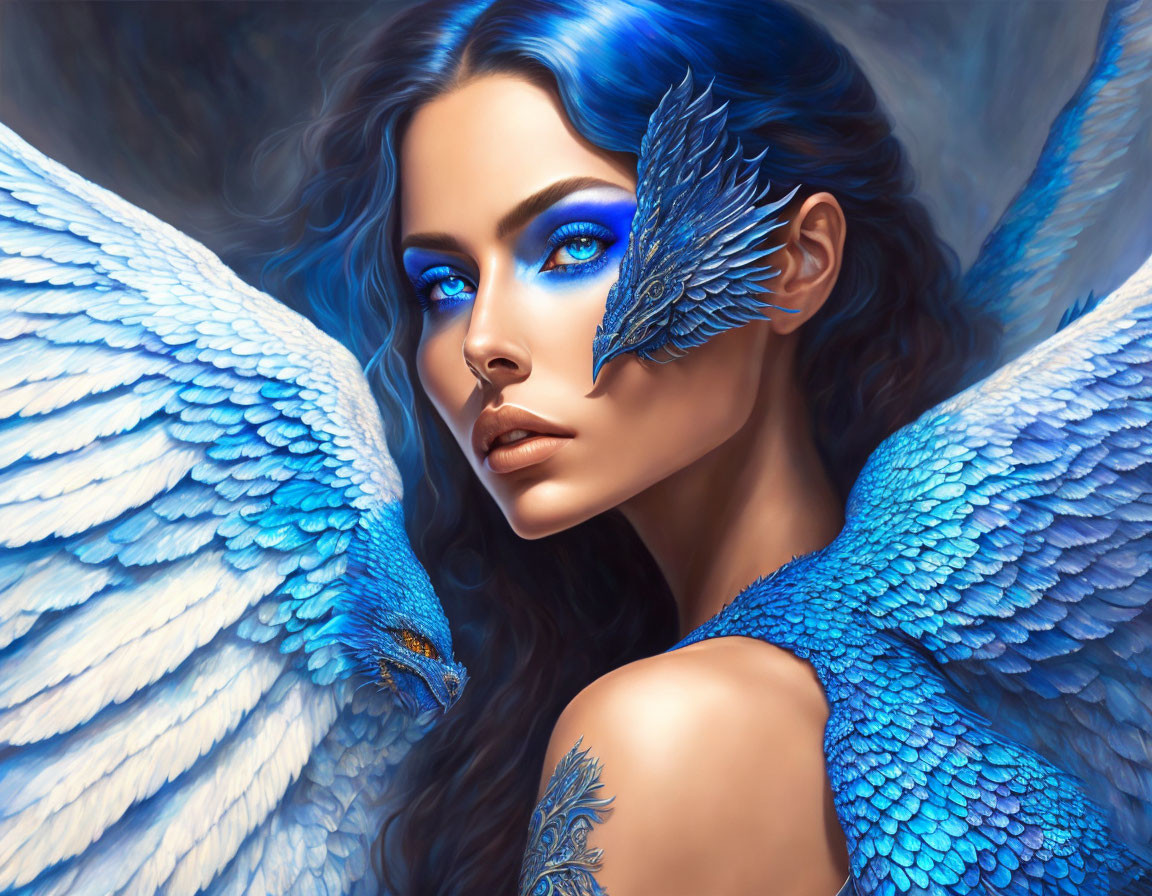 Portrait of woman with blue wings and accessories, vibrant blue eyes and eyeshadow