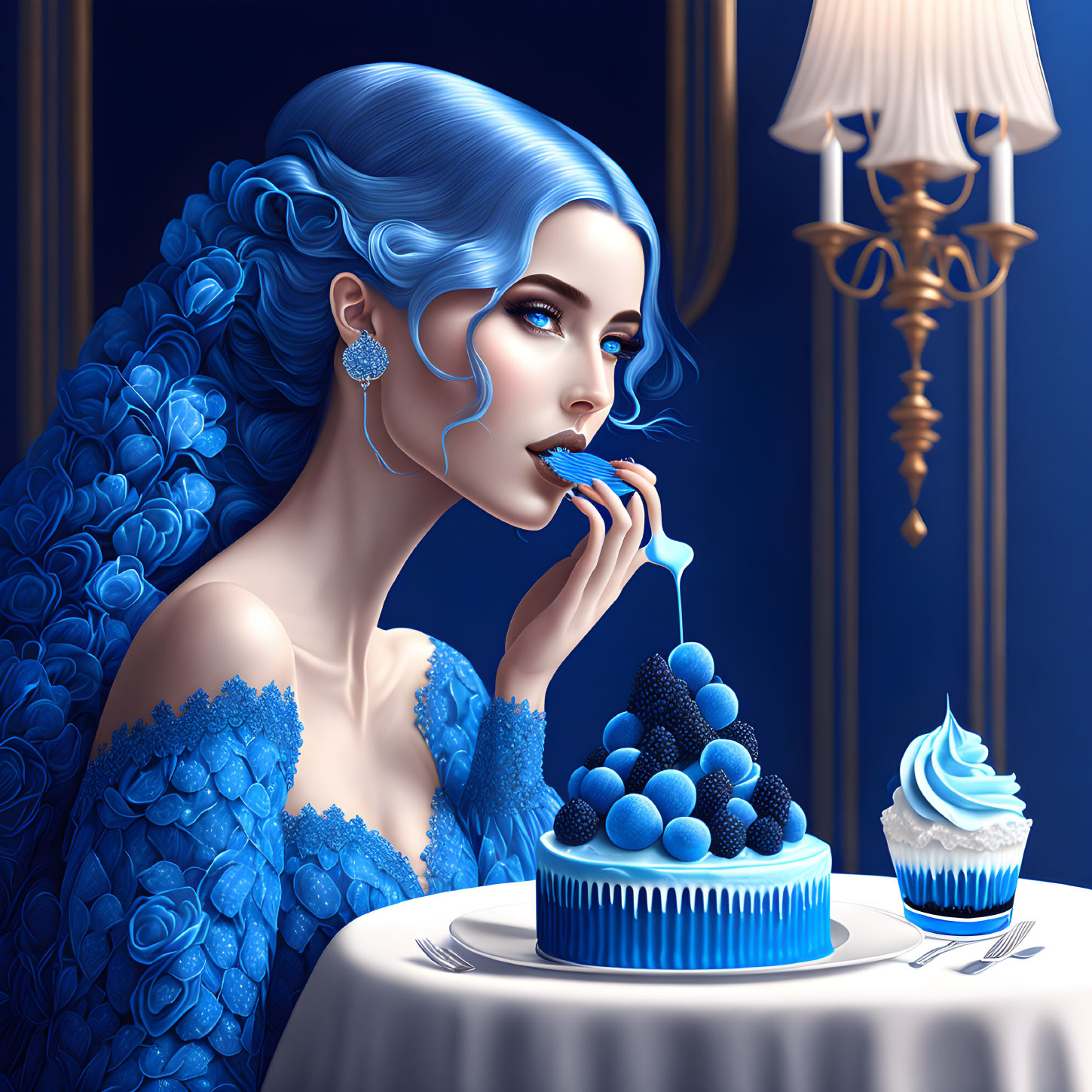 Illustration of woman with blue hair eating blueberry dessert in blue room