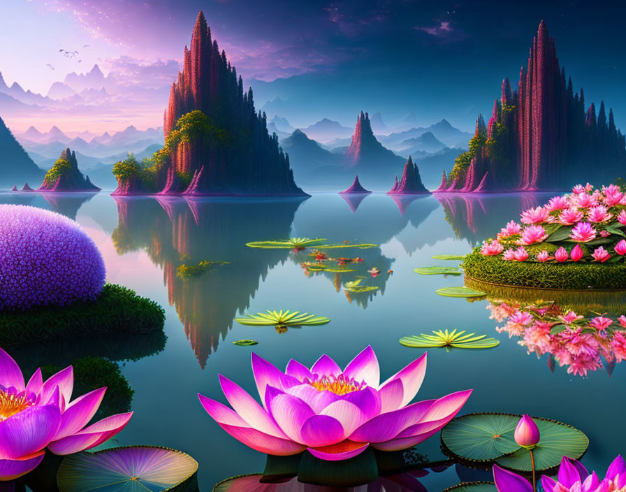 Vibrant lotus flowers in surreal landscape with reflective water and towering spires at twilight