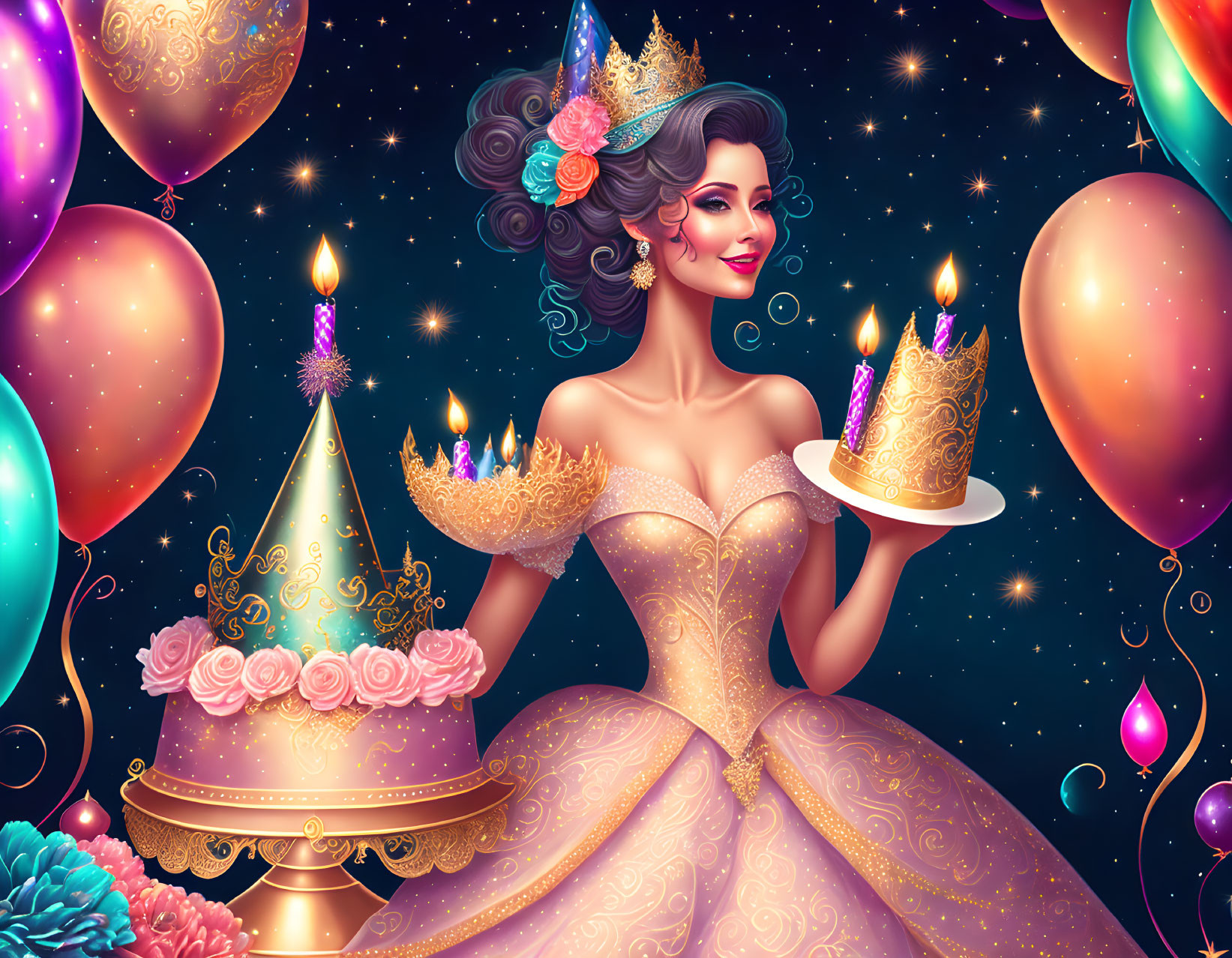 Illustrated woman in golden gown with balloons and cake celebrating in vibrant party scene