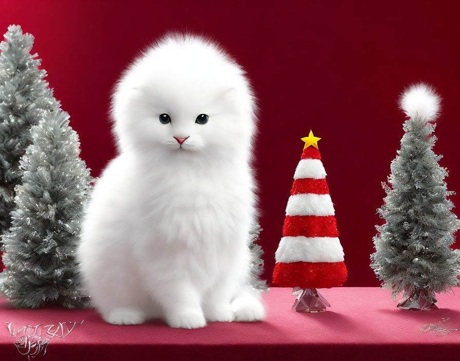 Fluffy White Toy Cat with Christmas Decorations on Crimson Background