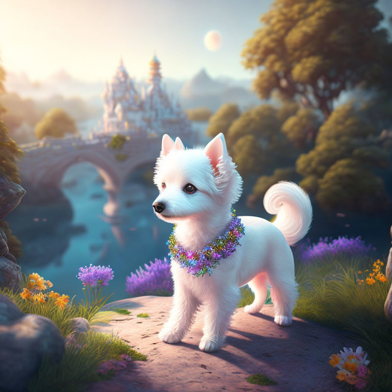 Fluffy white dog in fantasy garden with castle and bridges at sunset