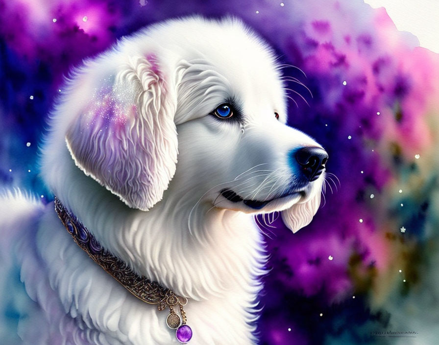 Fluffy white dog with blue eyes and decorative collar on vibrant purple and blue background