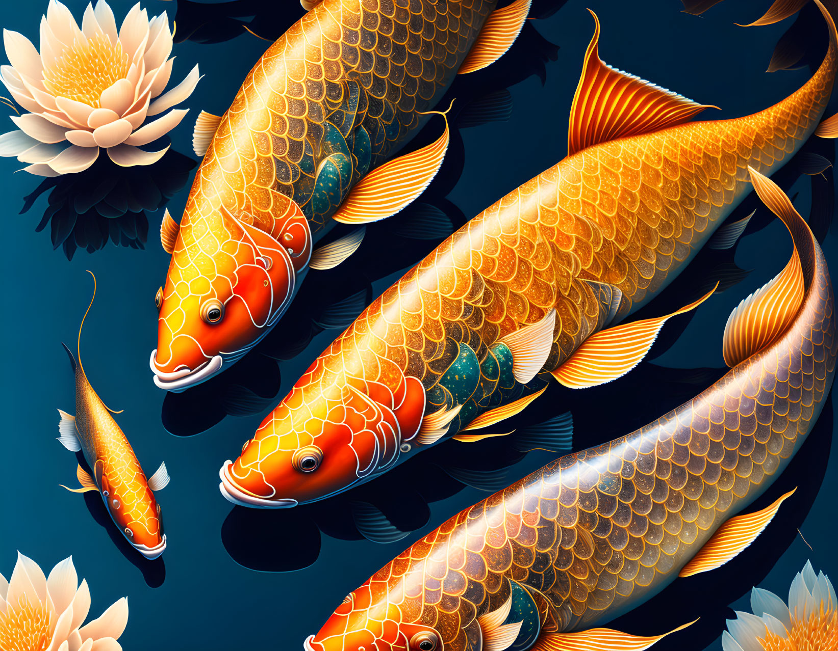 Ornate koi fish with lotus flowers on dark blue backdrop