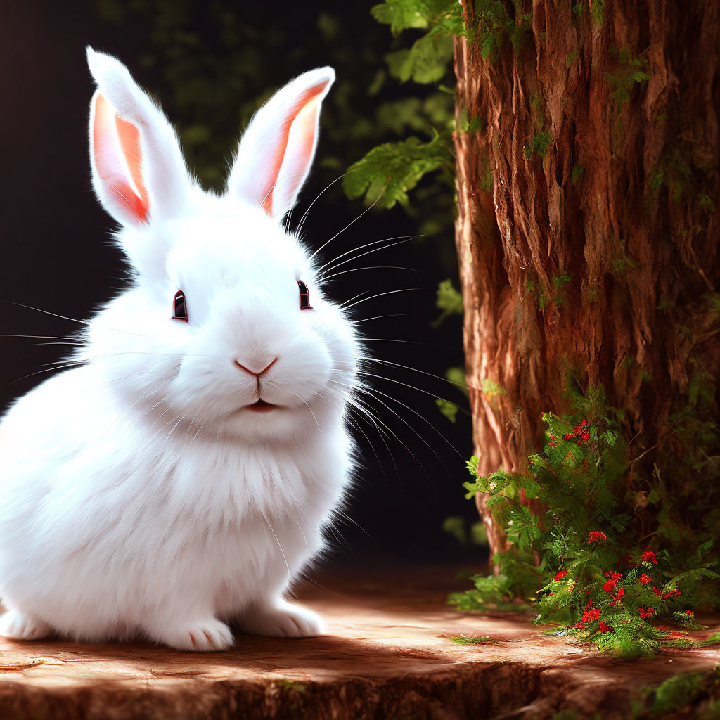 White Rabbit with Bright Eyes Next to Tree Trunk and Red Flowers