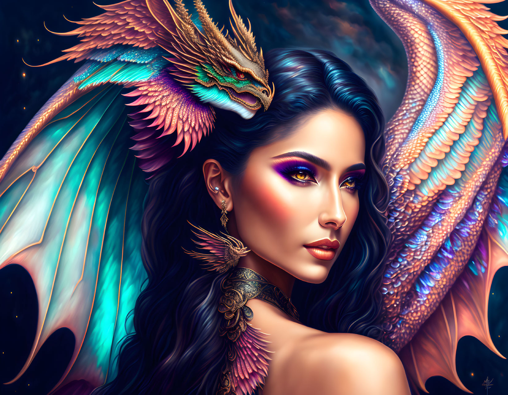 Vibrant digital artwork of woman with striking makeup and fantastical dragon against cosmic backdrop