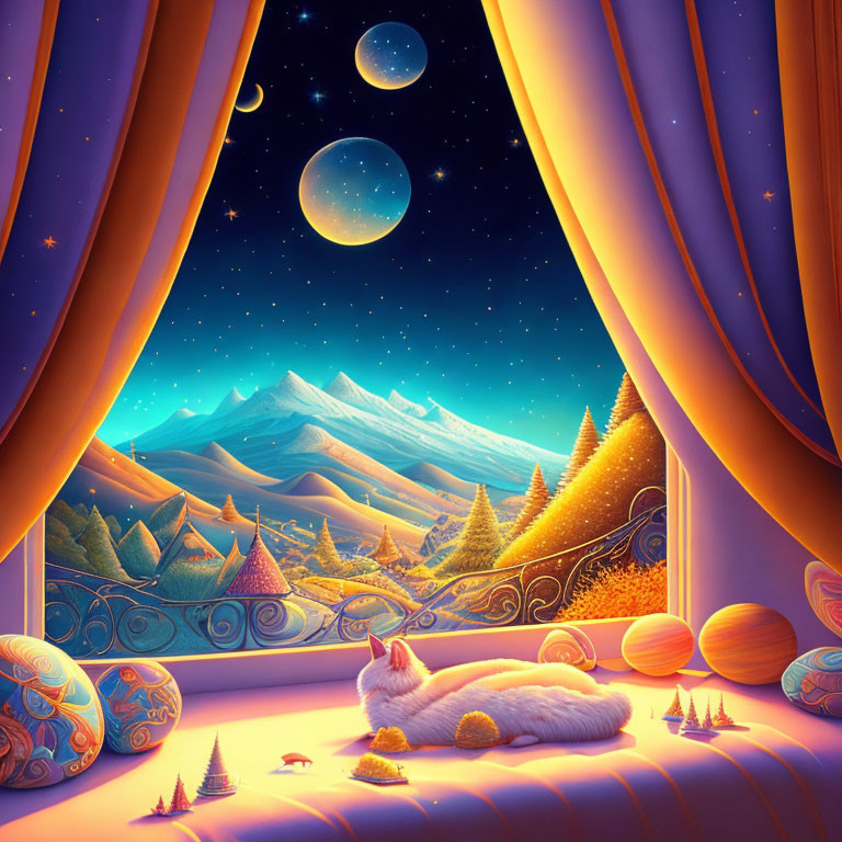 Illustration of a cat napping by window with mountain view, starry sky, and decorated eggs