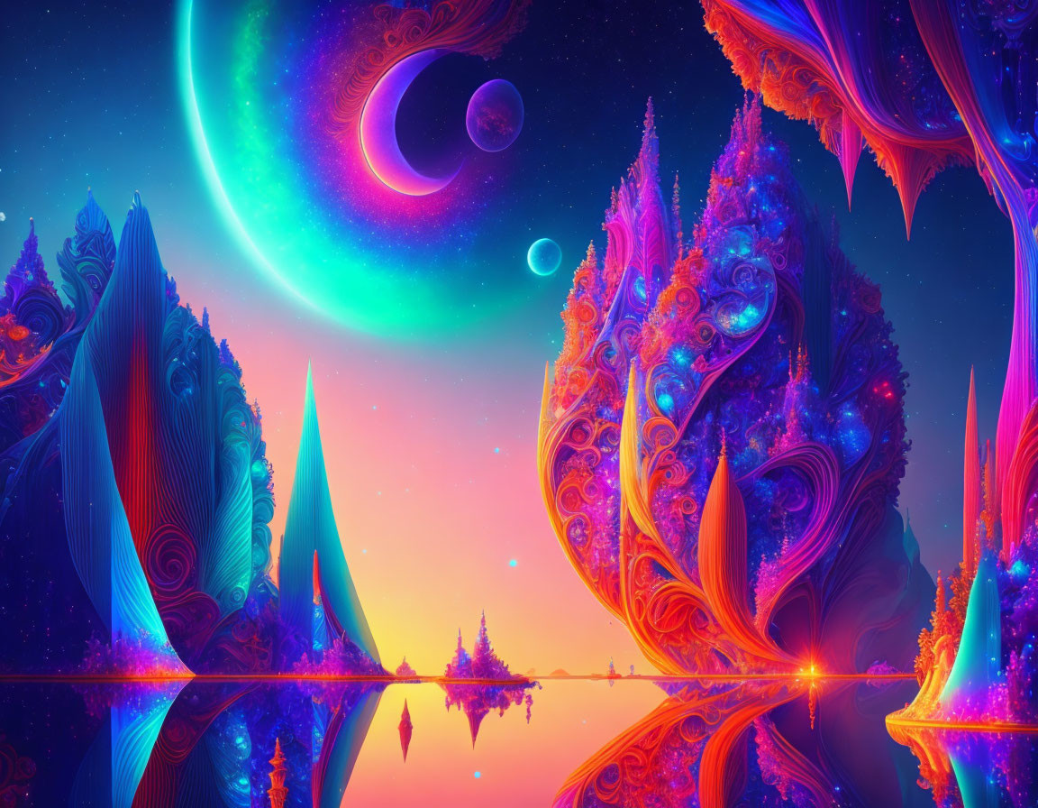 Surreal landscape with fractal formations, neon sky, moons, and planets