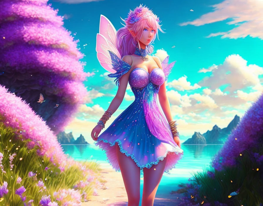 Colorful fairy with pink hair and translucent wings by a lake with purple foliage and mountains.