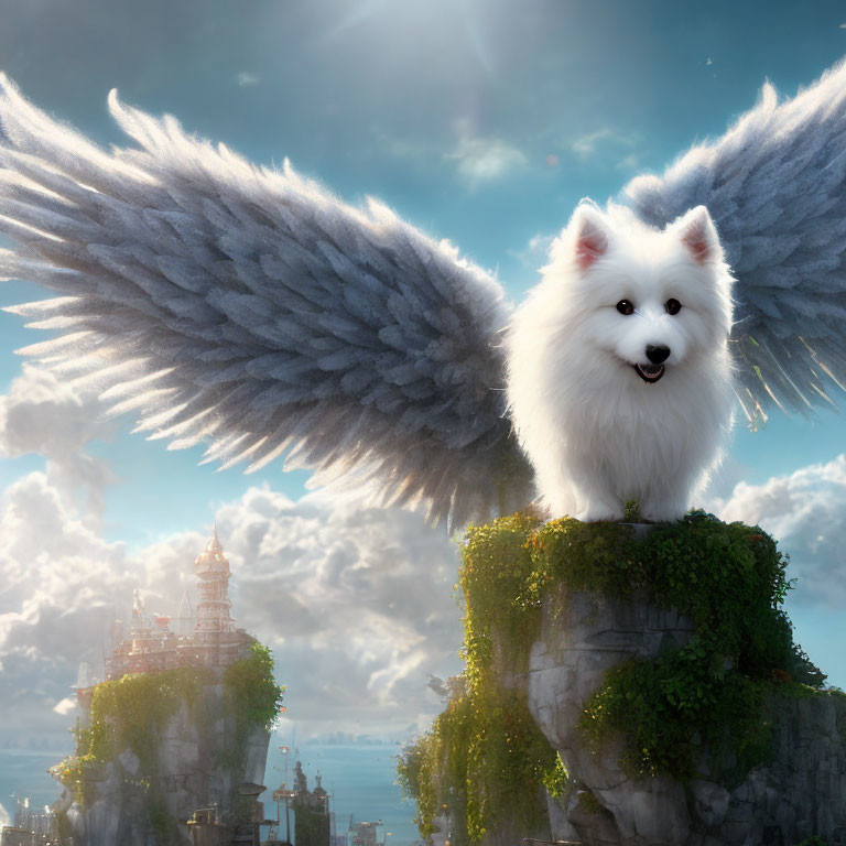 Majestic white dog with gray wings overlooking fantasy cityscape