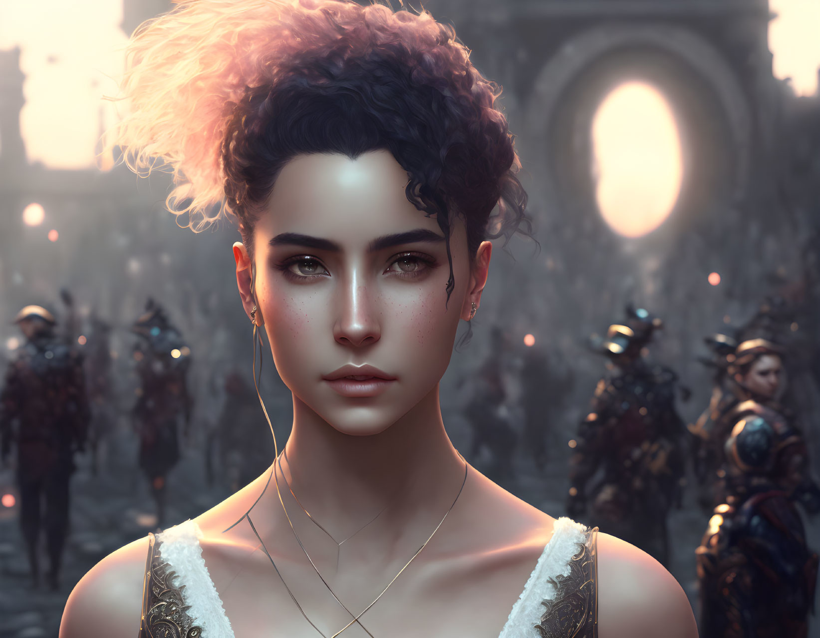 Digital portrait: Woman with curly hair and intense gaze, sunlit archway backdrop with armored soldiers.