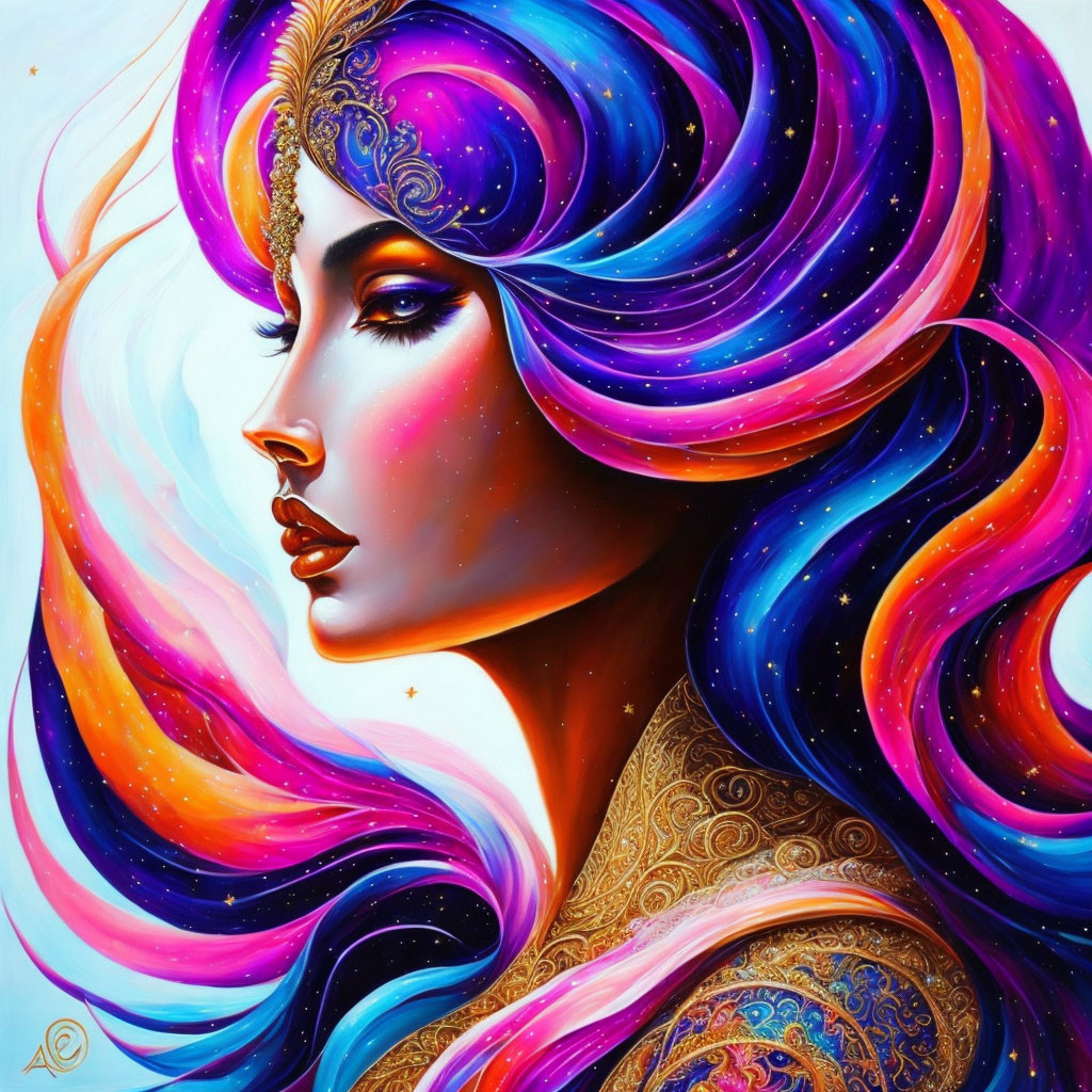 Colorful cosmic-themed woman illustration with flowing hair and ornate head jewelry