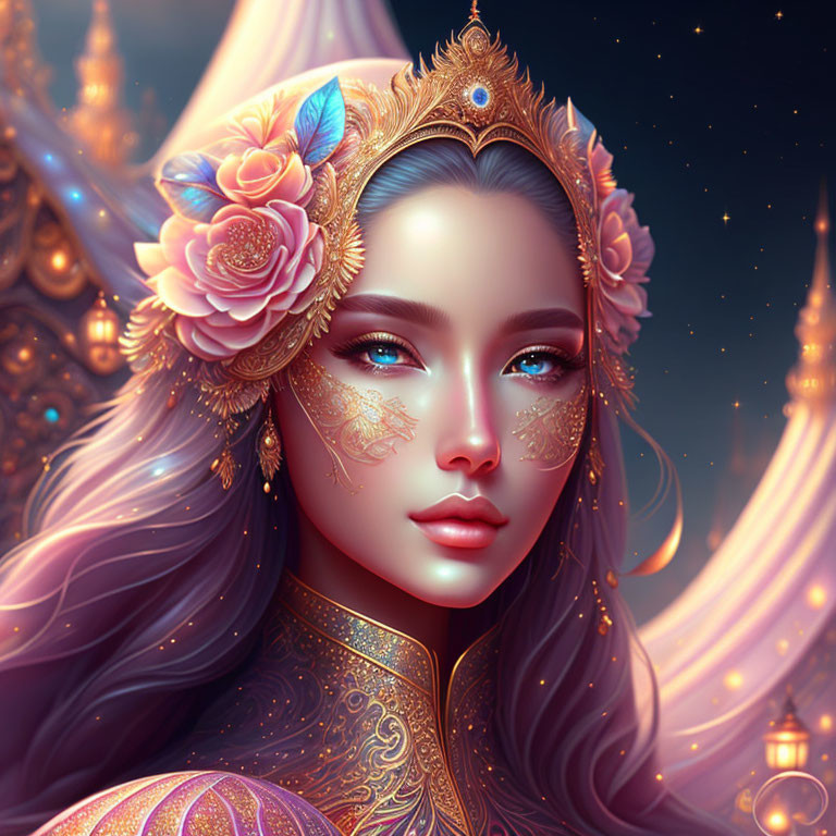 Digital artwork: Woman with blue eyes, golden headpiece, face tattoos, and floral decorations on fantasy