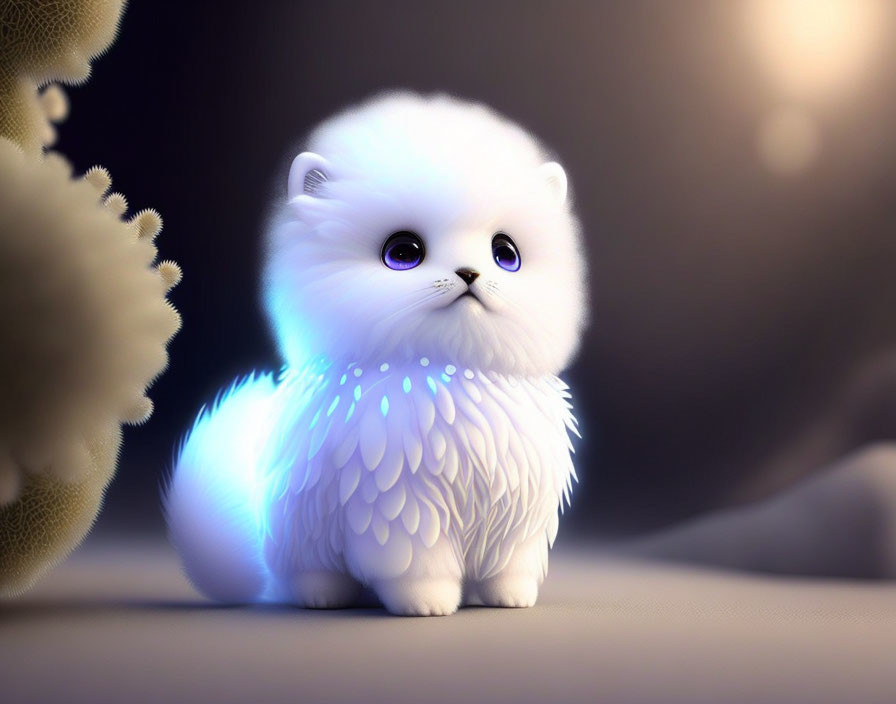 Fluffy White Animated Kitten with Feathery Accents on Dimly Lit Background