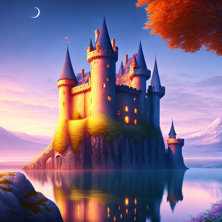 Enchanting fairytale castle on cliff by lake under twilight sky