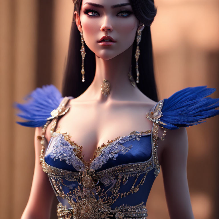 Illustration of Woman in Ornate Blue and Gold Dress with Feather Details