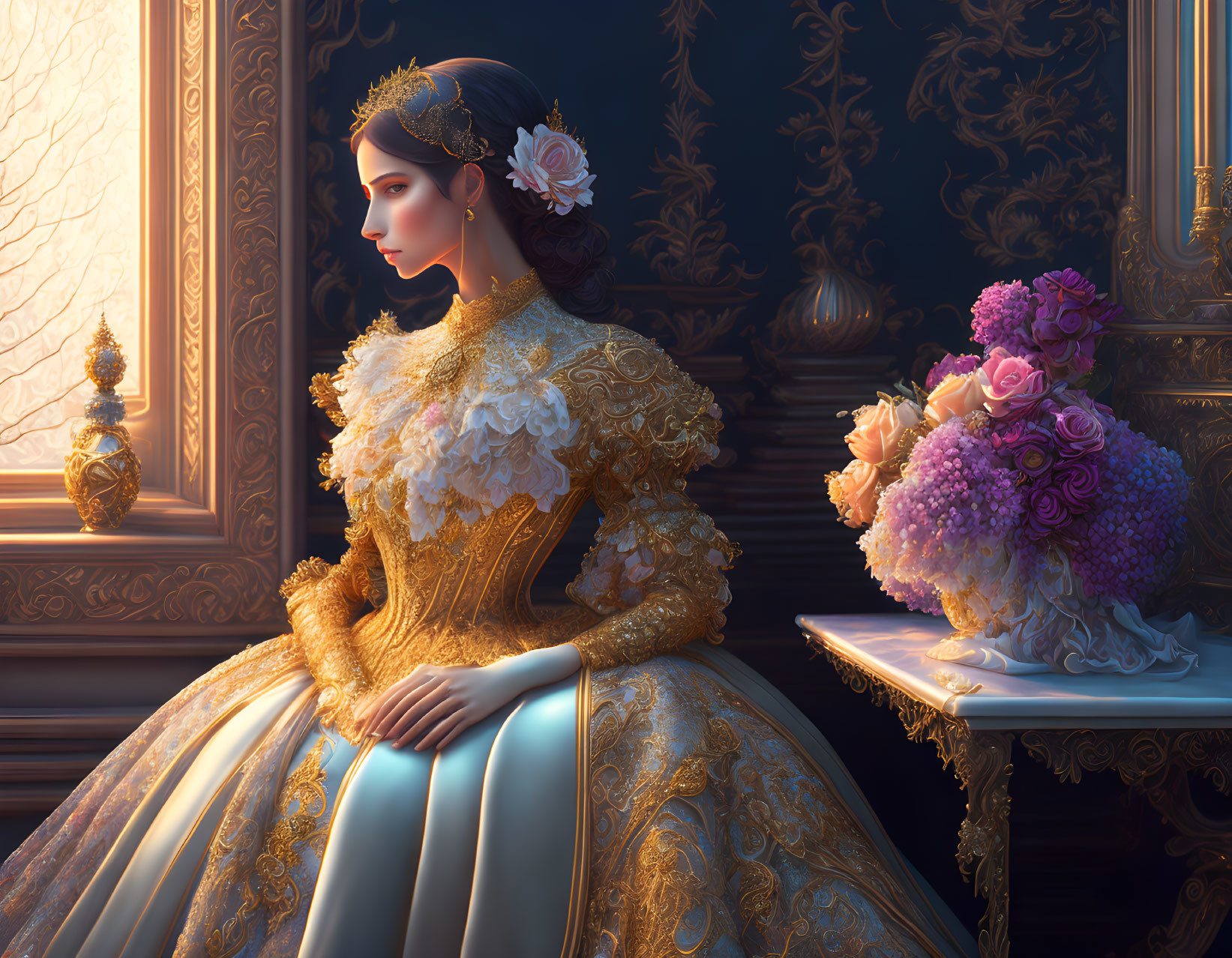 Victorian woman in gold dress with floral bouquet in lavish room