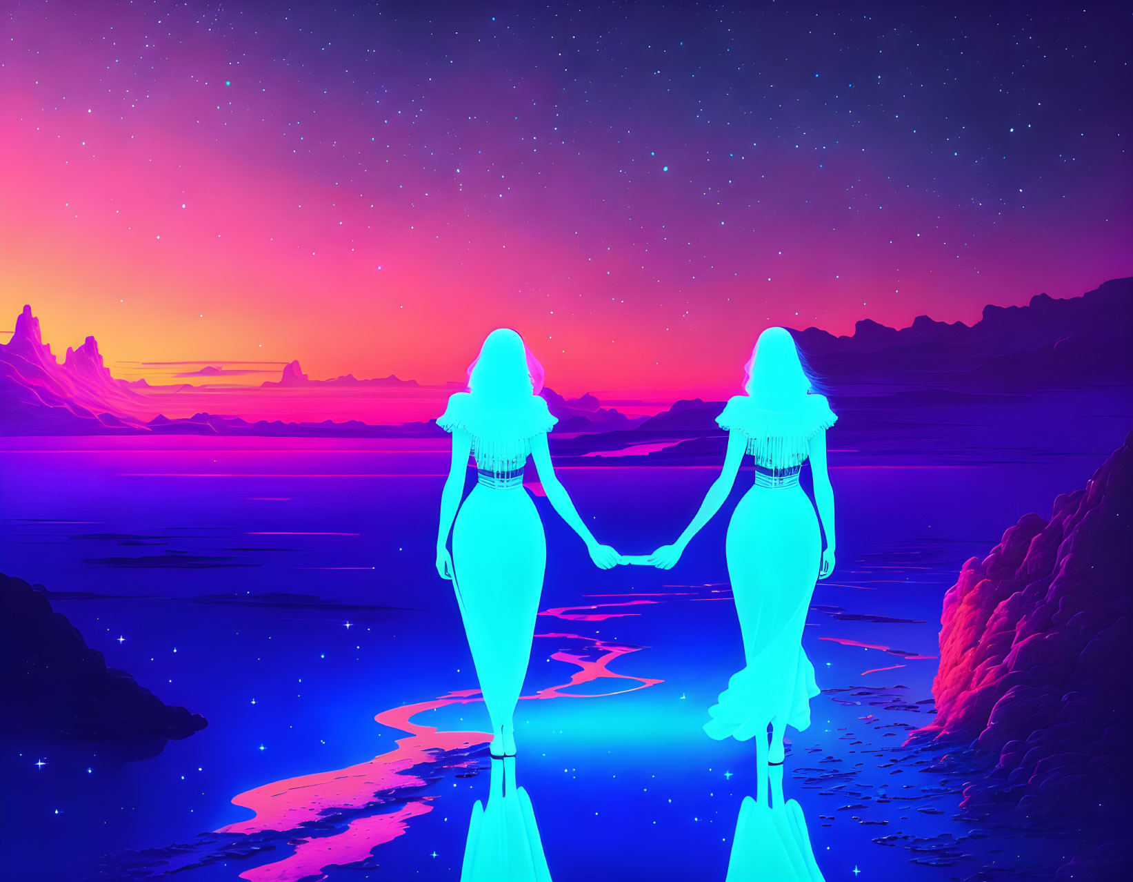 Neon blue silhouettes holding hands at vibrant sunset