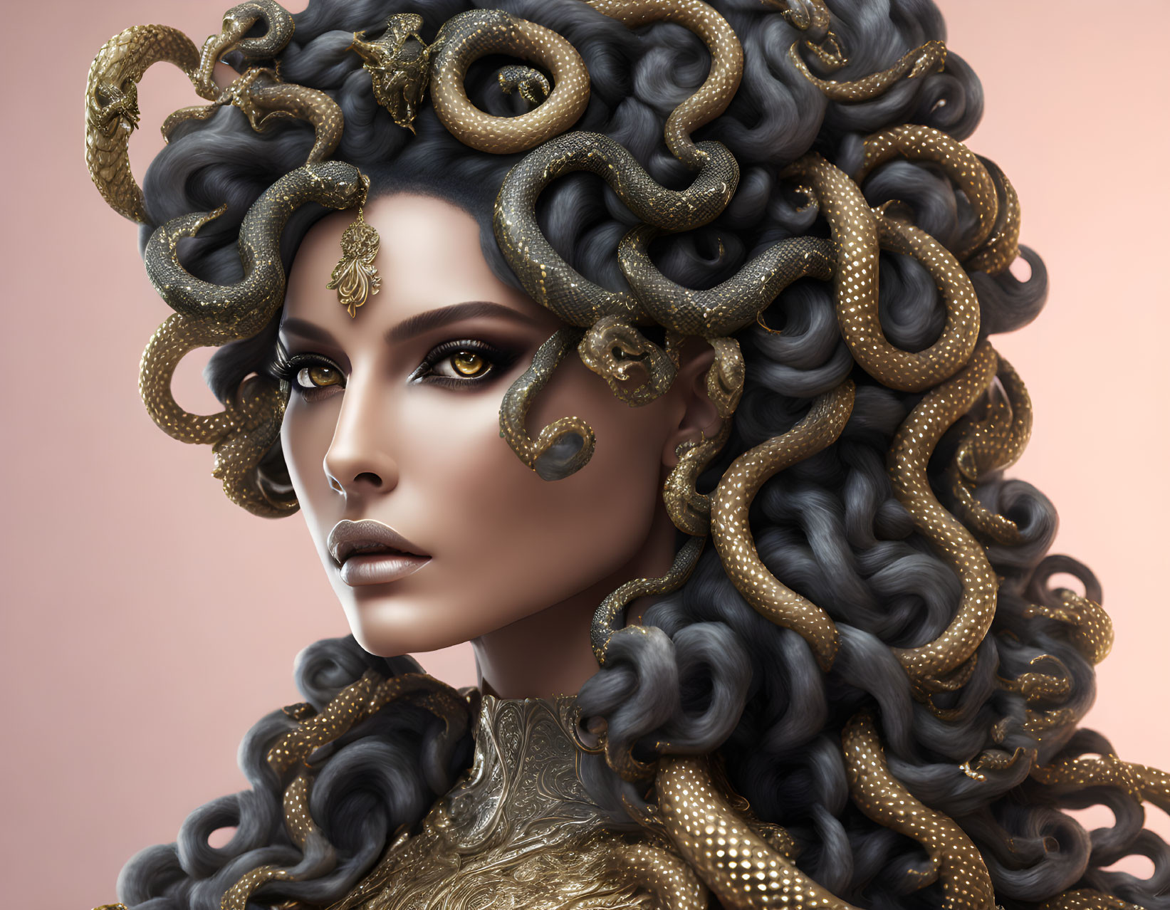 Digital artwork: Woman with Medusa-inspired look, curly snake hair & golden accessories