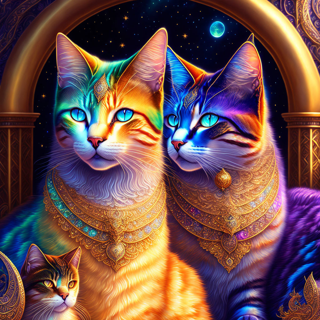 Majestic cats adorned with gold jewelry in celestial night scene