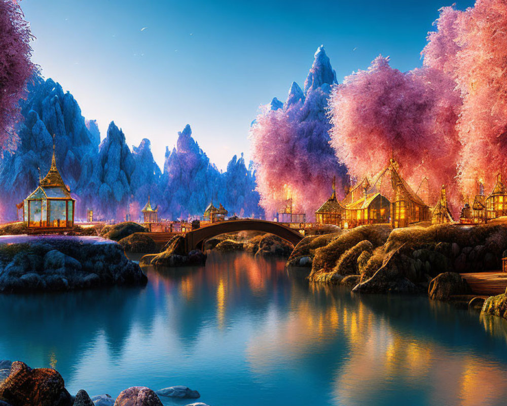 Pink Trees, Traditional Buildings, Lake, Mountains in Twilight Fantasy Landscape