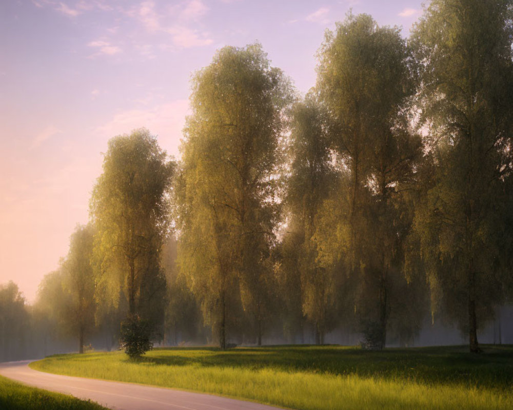 Curved road flanked by lush green trees in sunlight