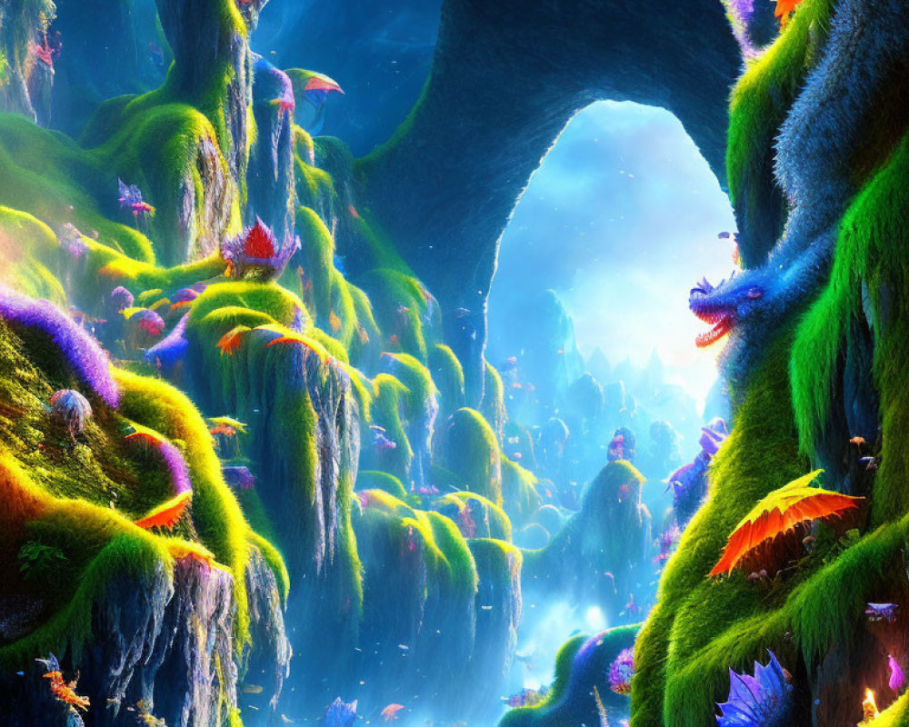 Fantasy landscape with lush greenery, glowing flora, shadowy caverns, and mystical blue light