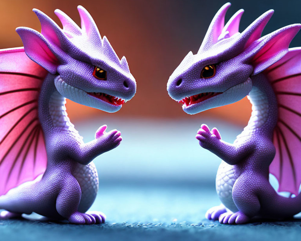 Purple and pink animated dragons in conversation on orange and blue backdrop