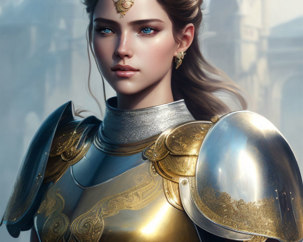 Digital Artwork: Young Woman in Golden Armor with Blue Eyes