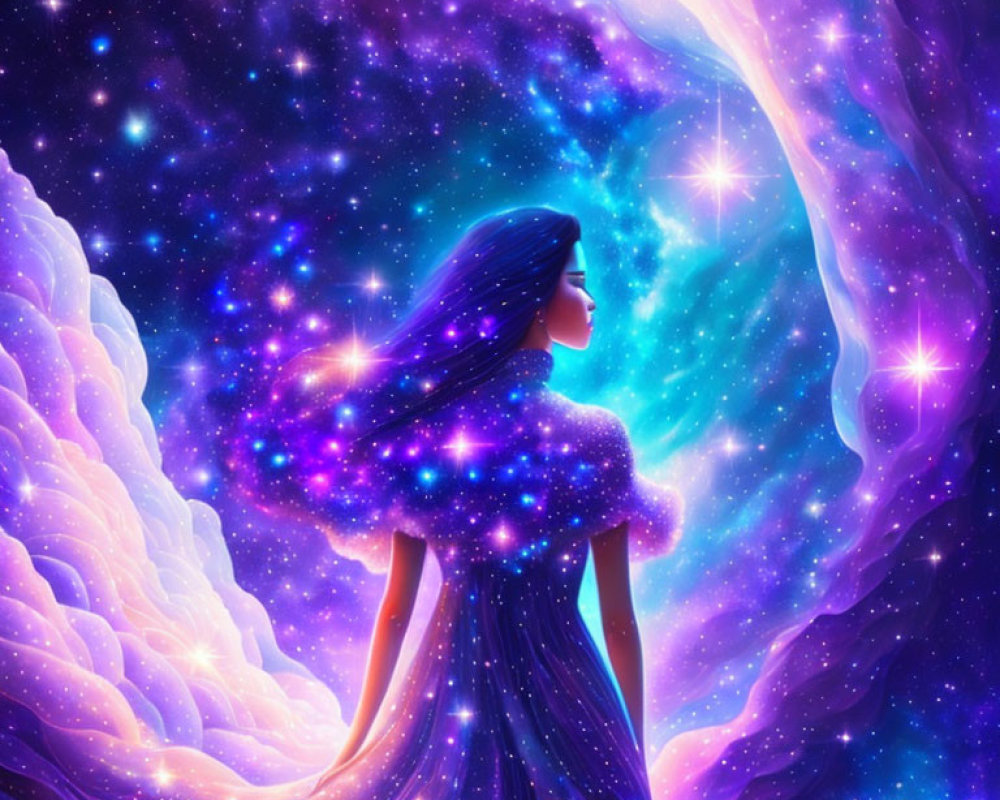 Woman with Star-Filled Hair Gazing at Cosmic Swirl