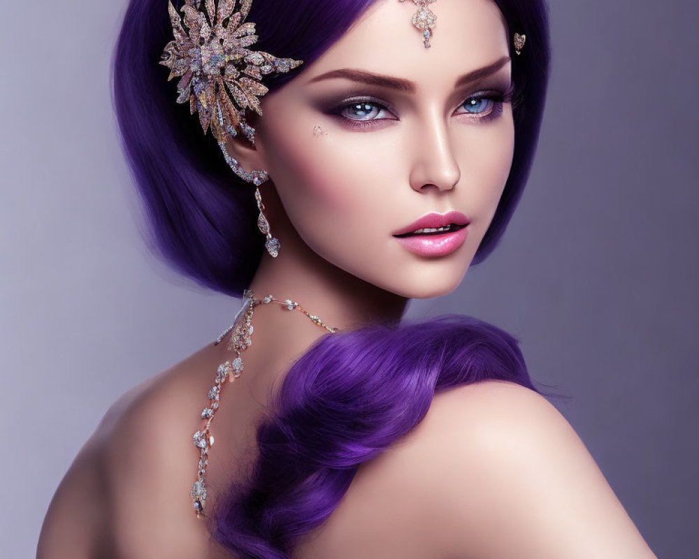 Digital artwork: Woman with purple hair, leaf hair accessory, elegant jewelry on purple backdrop