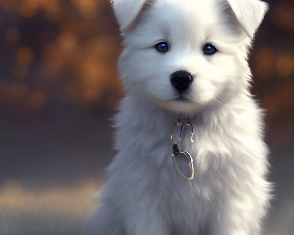 Fluffy White Puppy with Blue Eyes in Autumn Field