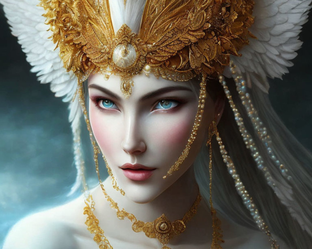 Ethereal figure with blue eyes and gold headdress on blue background