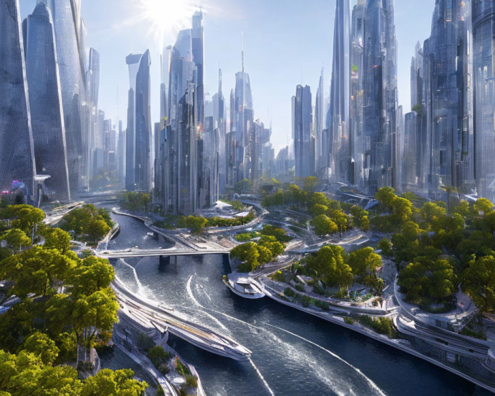 Futuristic cityscape with skyscrapers, greenery, rivers, and advanced infrastructure