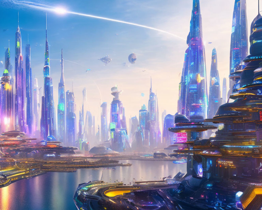 Futuristic cityscape with skyscrapers, flying vehicles, neon lights at dawn or dusk