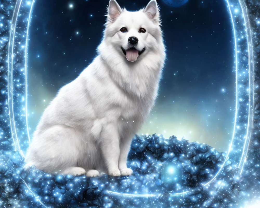 Fluffy White Dog Against Cosmic Backdrop with Stars and Moon