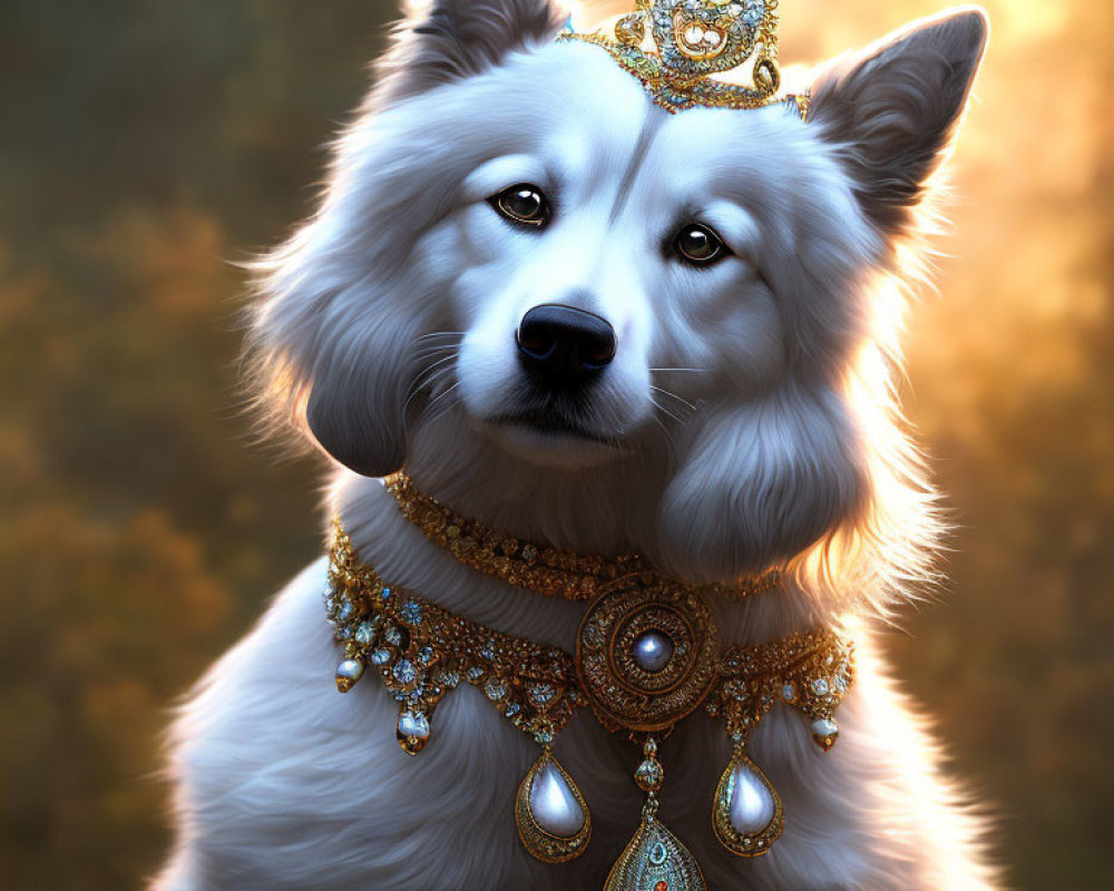 White Dog Wearing Crown and Necklace in Autumn Scene