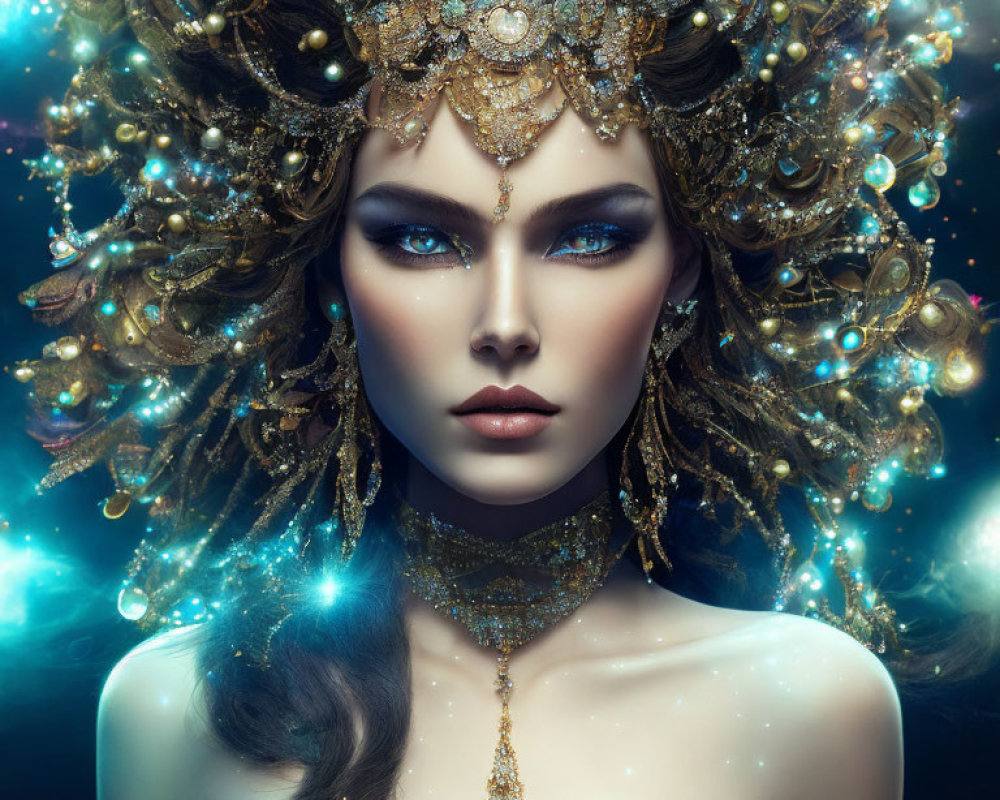 Ornate golden headdress on female figure with blue eyes in starry setting