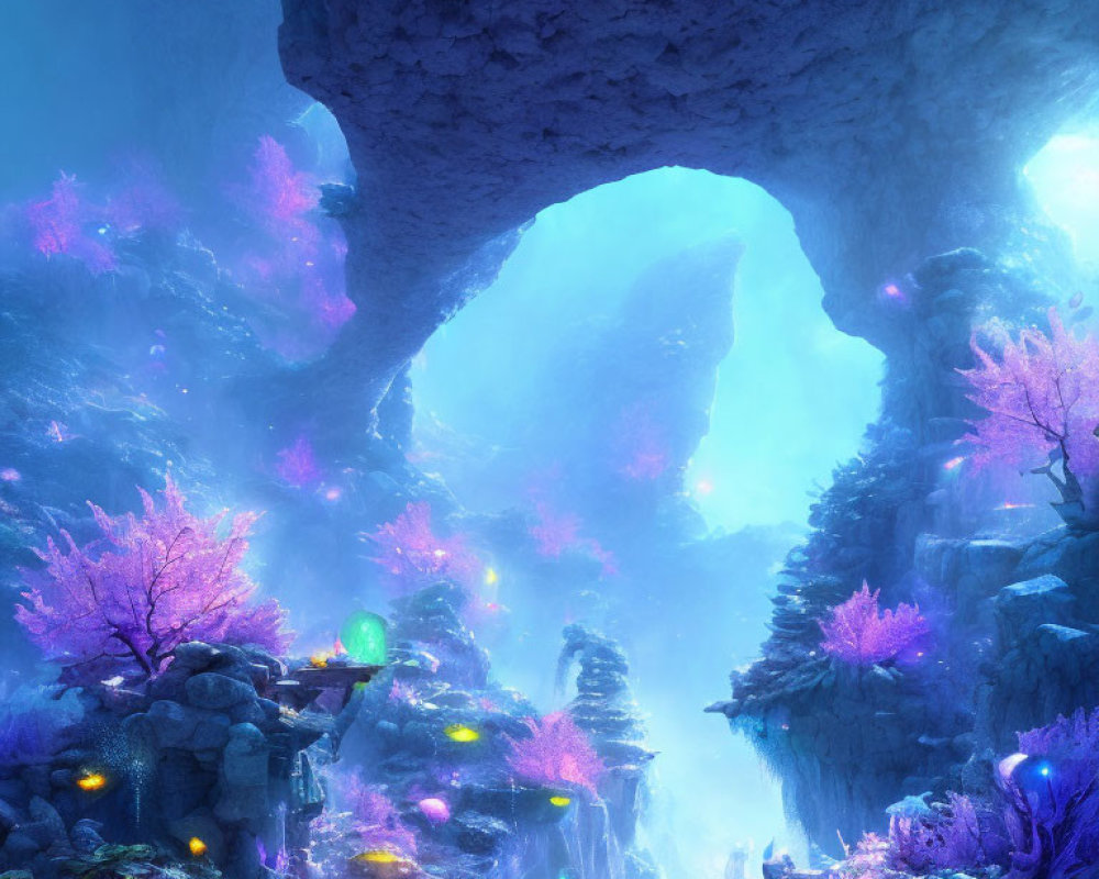 Ethereal cave with glowing purple flora and mist, stone archway, fantastical landscape