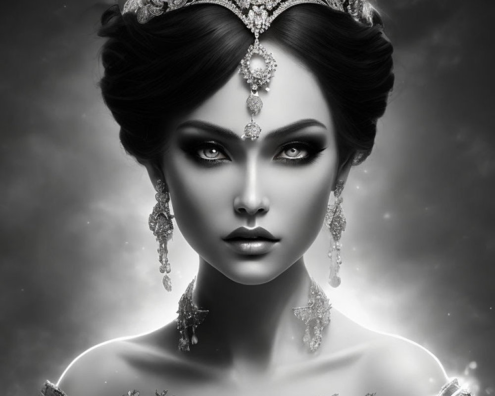 Monochromatic portrait of woman with elegant makeup and regal accessories against starry backdrop