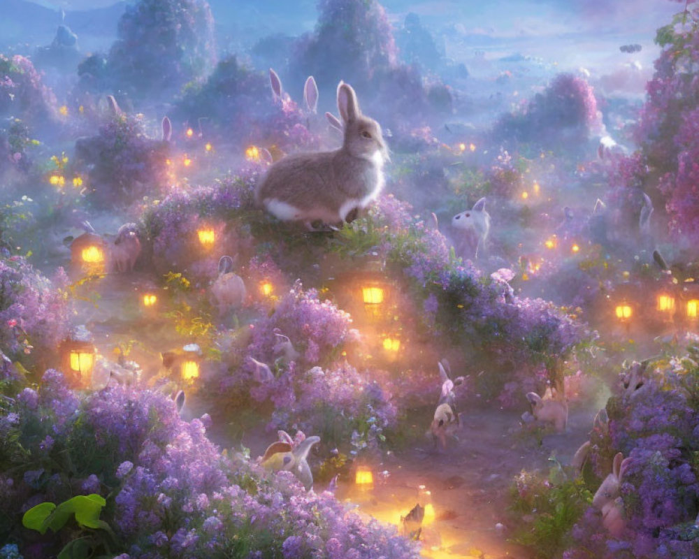 Rabbits in glowing flower-filled landscape with lanterns at dusk