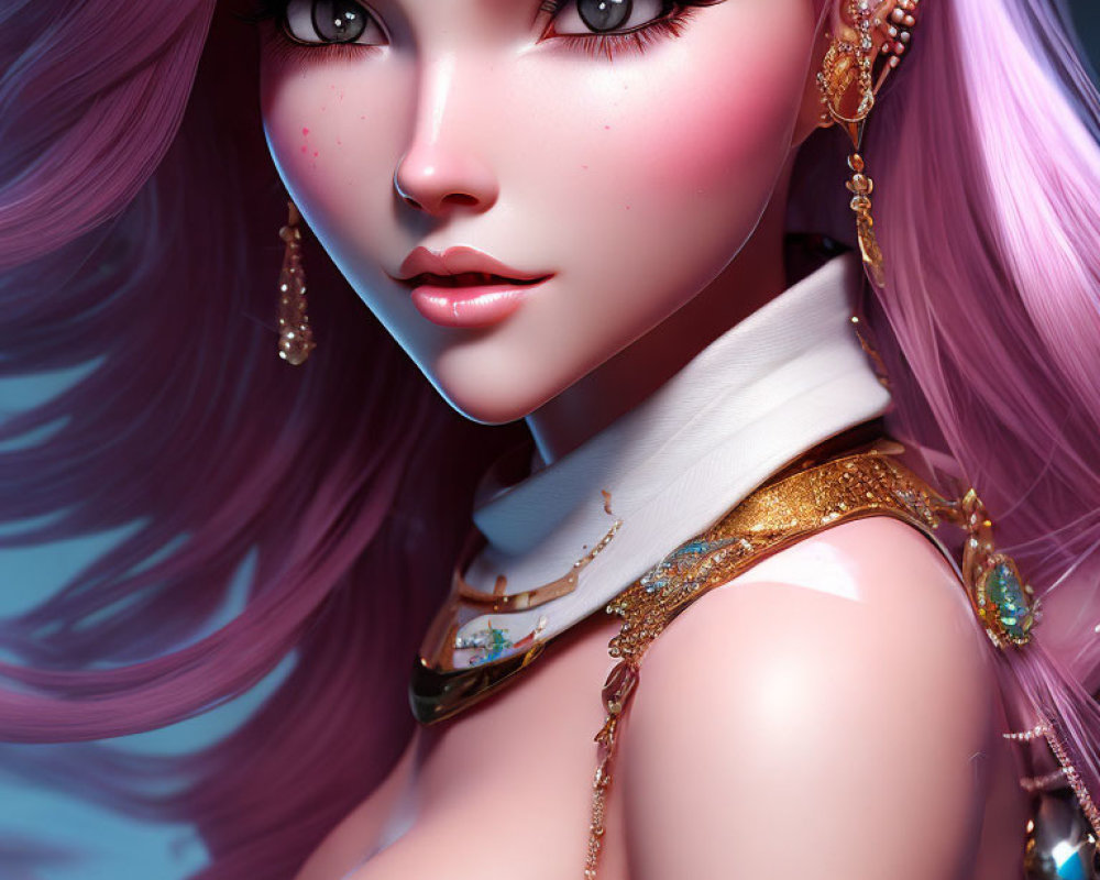 Stylized animated female character with purple hair and golden jewelry