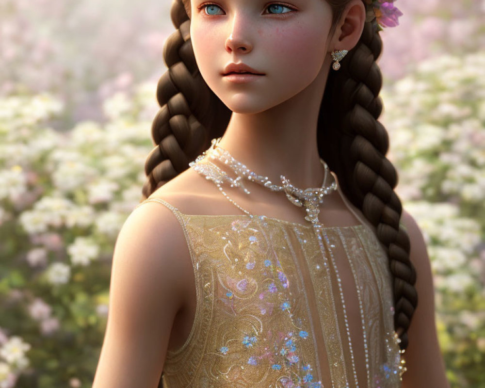 Digital artwork of young girl with braided hair, floral wreath, gold dress, pearls, against