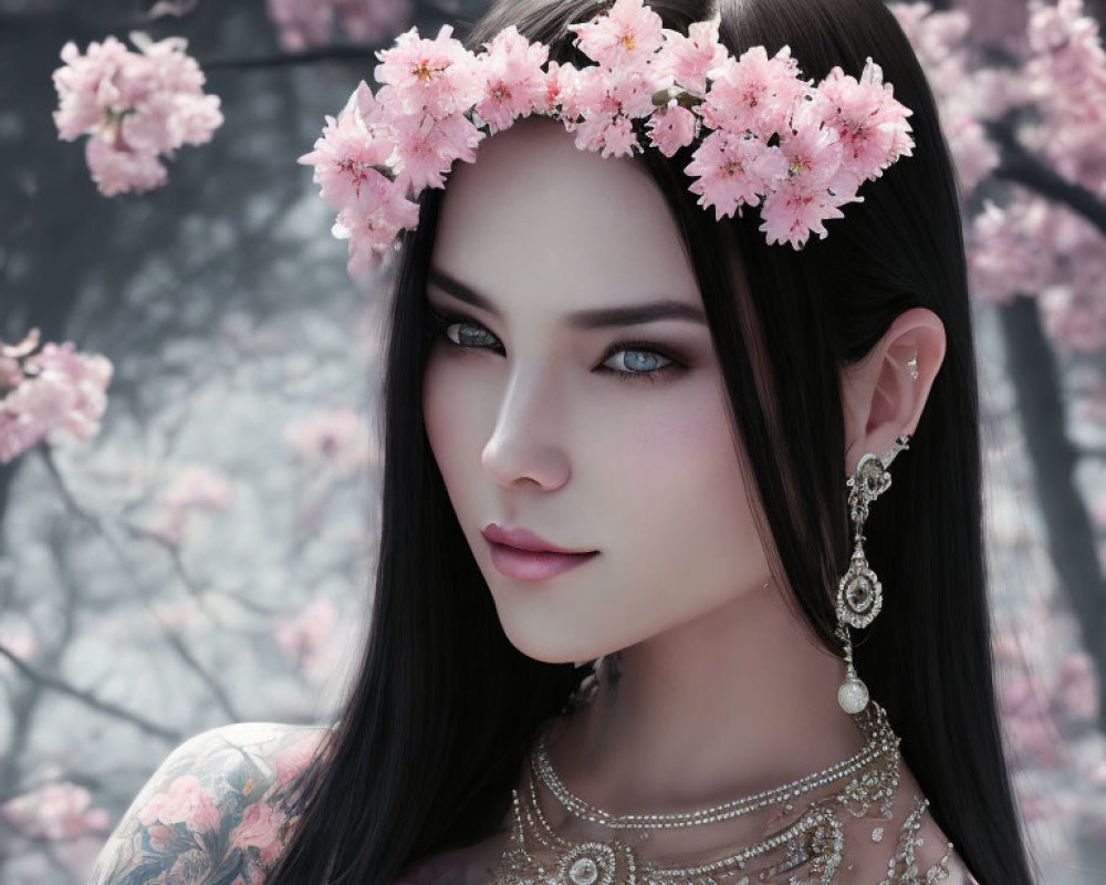 Woman with Pink Floral Headband and Blue Eyes Amid Pink Blossoms